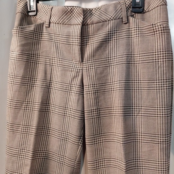 EXPRESS size 6 Brown Plaid Stretch EDITOR Wide Leg Flare Dress Pants Gold Thread - Picture 2 of 12